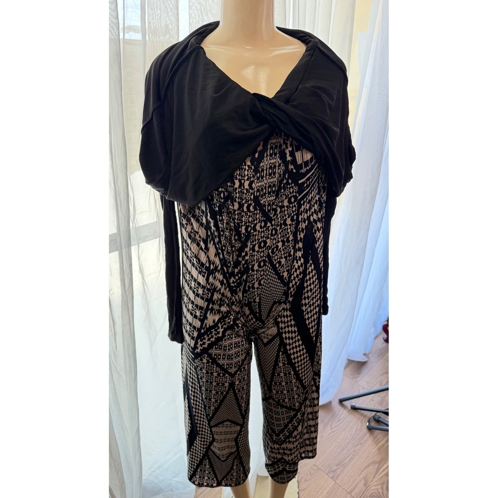 XII Black Tan Geometric Print Wide Leg Jumpsuit with Long Sleeve Overlay